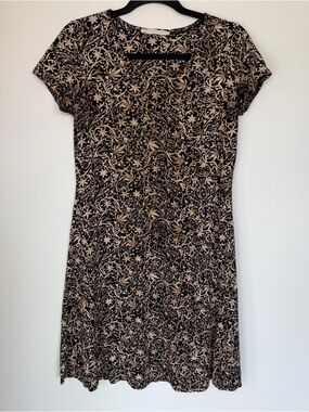 Peruvian Connection Black and Beige Floral-Scroll Midi Dress